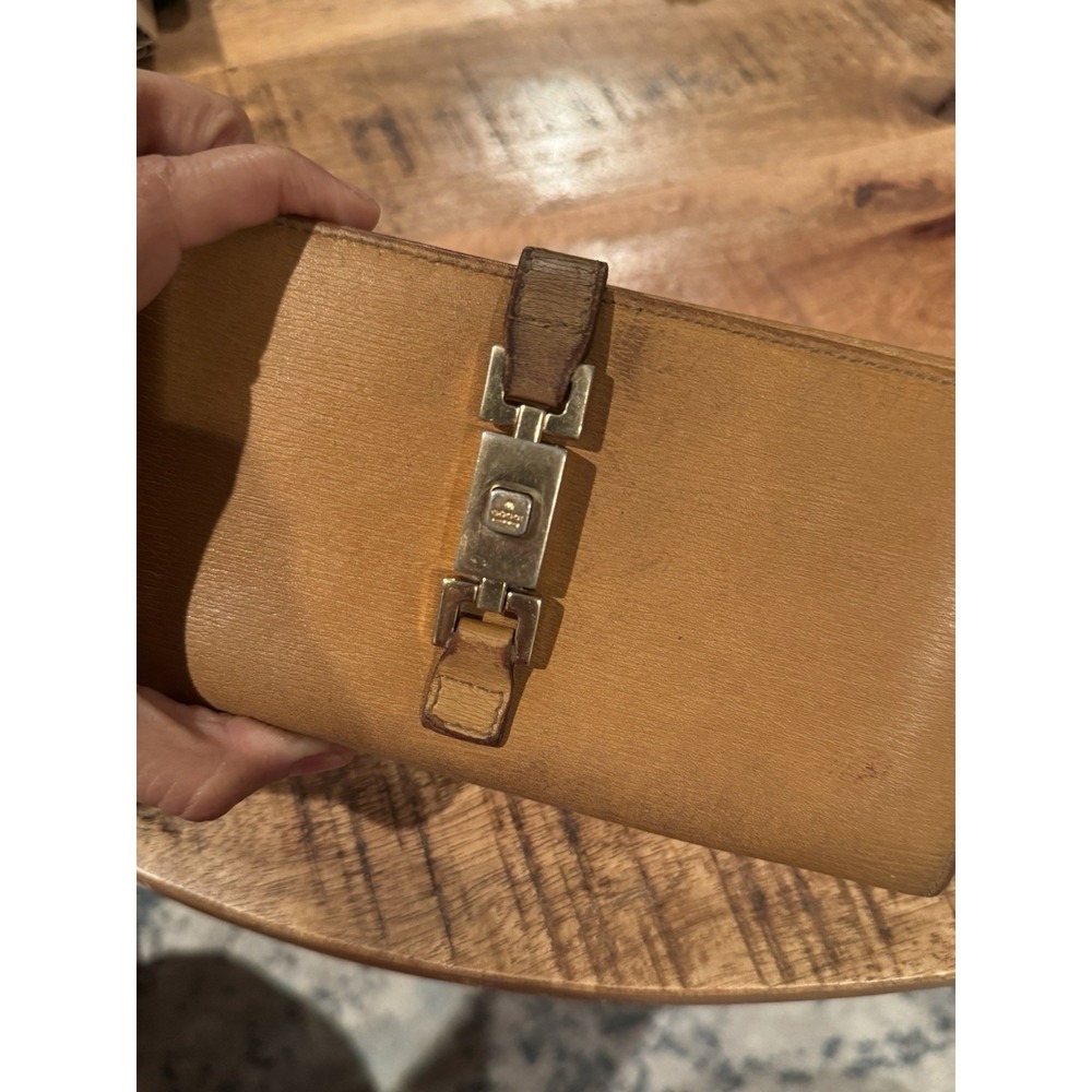 Authentic Gucci Vintage Tan Leather Clutch Wallet Jackie Clasp Italy - Picture 2 of 16